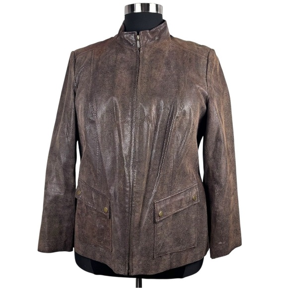 ALFANI BROWN SNAKESKIN LEATHER MOCK NECK ZIP UP JACKET - Picture 3 of 14